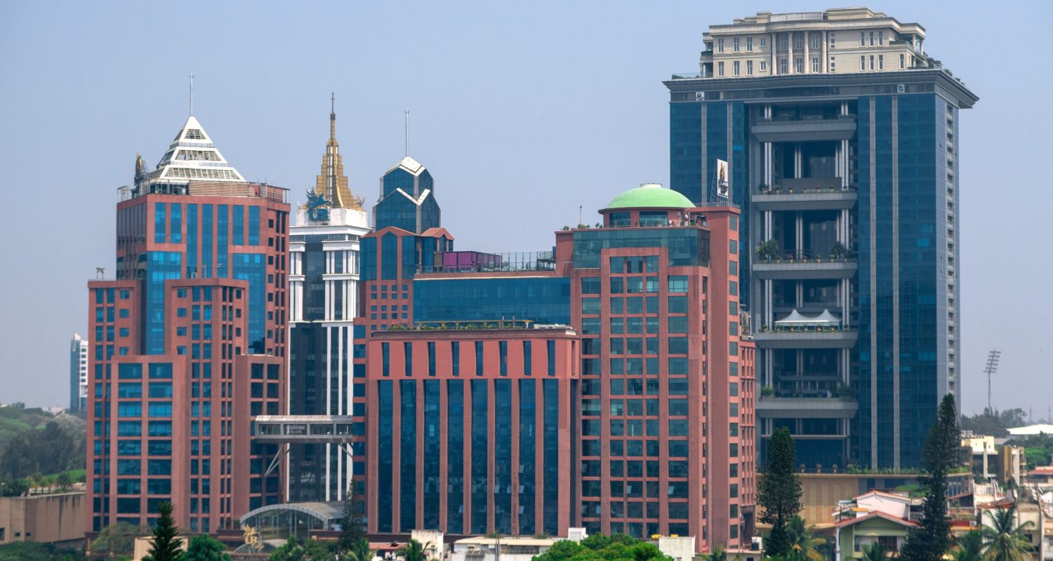 Stunning view of modern skyscrapers in Bengaluru, showcasing vibrant architecture on a sunny day.